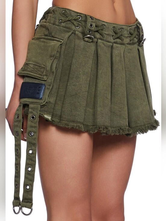 Dolls Kill Dresses & Skirts - Darker Wavs Sold Out Olive Distressed Utility Pleated Mini Skirt Size L